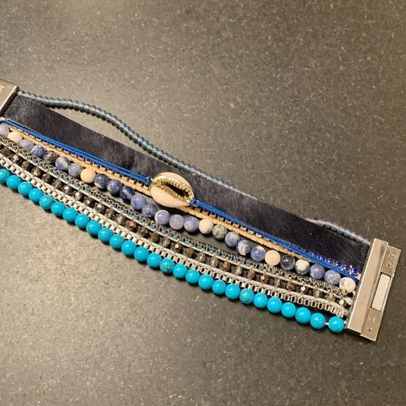 Victoria Emerson Boho Cuff Bracelet with Shell Accent and Turquoise Blue Beads - Picture 4 of 8
